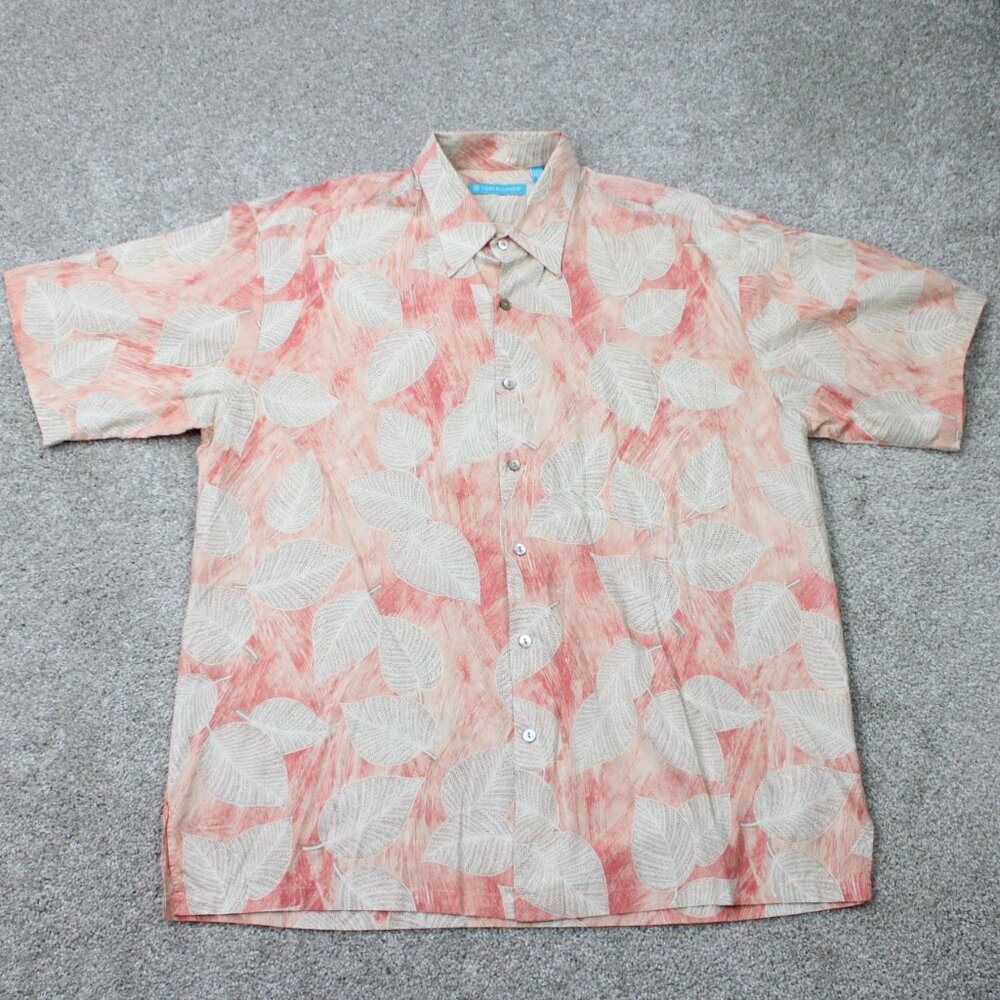 Tori Richard Shirt Mens Large Pink Floral 100% Cotton Lawn Short Sleeve‎ Button